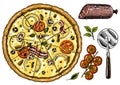 Slice of pizza with cheese. yummy italian vegetarian food with tomatoes, olives and eggplant. Label for restaurant menu