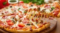 Slice of Pizza Lifted With Fork, Delicious Fast Food Photo of a Tasty Snack