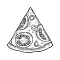 Slice pizza margherita. Vintage vector engraving illustration for poster, menu, box. Royalty Free Stock Photo