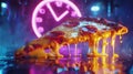 A slice of pizza with melted cheese drips against a backdrop of distorted clock and neon lights, evoking a cyberpunk Royalty Free Stock Photo