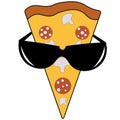 Slice of pizza with mushrooms and sausage in sunglasses creative logo