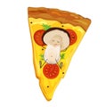 A slice of pizza with mushrooms. White mushroom lies on its back on a piece of pizza and sunbathes