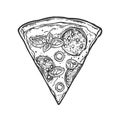 Slice pizza pepperoni. Vintage engraving illustration for poster, menu, box.