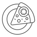 Slice of pizza on a plate thin line icon. Fast food vector illustration isolated on white. Pepperoni outline style Royalty Free Stock Photo