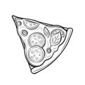 Slice of pizza. Sausage, olives, cheese. Illustration. Isolated images on white background.
