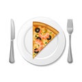 Slice of pizza with shrimps on the plate, fork, knife on white background.