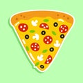 Slice of pizza sticker character. Vector hand drawn cartoon kawaii character illustration icon. Isolated on green