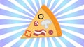 Slice of pizza on thin dough, on a blue and white retro background, vector illustration. pizza stuffed with mushrooms, sausages,
