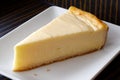 A slice of plain baked cheesecake on white ceramic plate. Dark Royalty Free Stock Photo