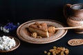 Slice of poured honey cake with cheese cream on a clay vintage plate, decorated with cocoa and almonds, wooden spoon with cardamom Royalty Free Stock Photo