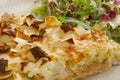 A slice of quiche with leek and feta or goats cheese on a plate with crispy leaf green salad. Vegetarian food in close up