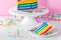 A slice of rainbow birthday cake with the remaining cake on a stand in behind. Royalty Free Stock Photo