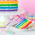 A slice of rainbow birthday cake with the remaining cake on a stand in behind. Royalty Free Stock Photo