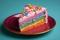 a slice of rainbow cake on a plate