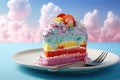 a slice of rainbow cake on a plate with a fork