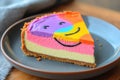 A Slice of Rainbow Cheesecake with a Smiley Face Design