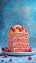 Slice of Raspberry Lemonade Cake on White Plate with Raspberries, Vibrant Blue Background Royalty Free Stock Photo