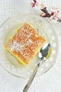 Slice of ravani with coconut flakes and a flowering branch