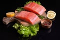 A slice of raw salmon fillet with a sprig of rosemary, sliced lemon, multi-colored peppercorns, lettuce on a wooden plate on a dar Royalty Free Stock Photo