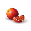  slice of red colorful orange and whole round citrus fruit on white background. Realistic colored juicy slice of bloody