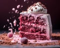 a slice of red velvet cake is being splashed with cream