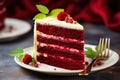 a slice of red velvet cake with white frosting and berries