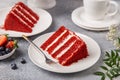 Slice of Red Velvet cake on white plate Royalty Free Stock Photo