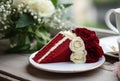 a slice of red velvet cake with white and red roses on a plate