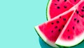 Slice of Red Watermelon isolated on blue background. Fresh Watermelon Banner, copy space.