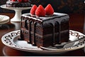 A slice of rich chocolate cake with dripping dark chocolate ganache, arranged on a delicate porcelain plate