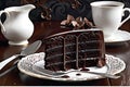 A slice of rich chocolate cake with dripping dark chocolate ganache, arranged on a delicate porcelain plate