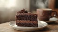 A slice of rich chocolate cake sits on a plate next to a warm coffee mug in a relaxed cafe setting Royalty Free Stock Photo