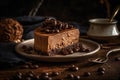 Slice of rich and creamy chocolate mousse cake with chocolate bubbles, cocoa powder on top. AI generated.