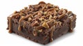 A slice of rich fudgy brownie drizzled with gooey caramel and sprinkled with chopped nuts