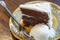 A slice of rich moist 3 layer chocolate cake on a plate Royalty Free Stock Photo