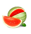 Slice of ripe watermelon with water drops and green leaf Royalty Free Stock Photo
