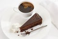 Slice of Sacher cake in plate with coffee