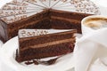 Slice of Sacher cake in plate with coffee
