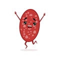 Slice of salami with hands, legs and happy face. Cartoon delicious meat character jumping with hands up. Flat vector