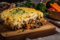 slice of Shepherd pie on a rustic wooden board, topped with melted cheese and fresh parsley