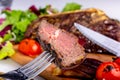 A slice of steak impaled on a fork on the background of a plate of meat Royalty Free Stock Photo