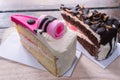 Slice strawberry cake  cream with chocolate cake bakery food Royalty Free Stock Photo