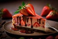 Slice of strawberry cheesecake on wooden table. Piece of cake.