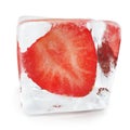 Slice Strawberry frozen in ice cube, ice cube in front view, single ice cube isolated on white background. 3d rendering