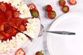 Slice of strawberry fruit cream cake on cake server Royalty Free Stock Photo