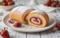 Strawberry Swiss Roll with Powdered Sugar Royalty Free Stock Photo