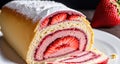 A slice of strawberry sponge cake on a white plate.