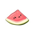 Slice striped and red watermelon with black seeds, sketch style, vector illustration isolated on white background. Realistic hand Royalty Free Stock Photo