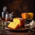 Slice of sweet cornbread with honey on the plate. Royalty Free Stock Photo