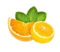 Slice of sweet juicy orange and lemon fruit with mint leaves for design isolated on white Royalty Free Stock Photo